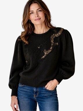 Vintage Oriental Lambswool Angora Beaded Dragon Phoenix Sweater L Black 80s 90s